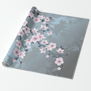 Cherry Blossom Floral Dusty Pink Blue Wrapping Paper