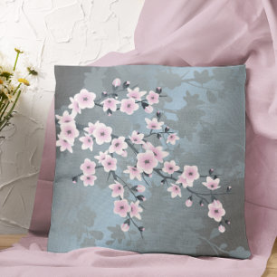 Cherry Blossom Floral Dusty Pink Dusty Blue Throw Pillow