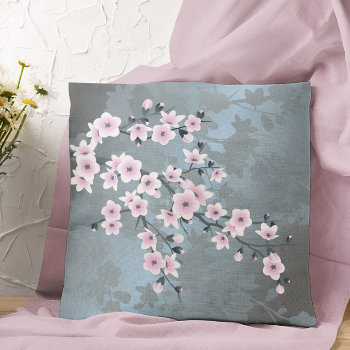 Cherry Blossom Floral Dusty Pink  Dusty Blue  Throw Pillow by NinaBaydur at Zazzle