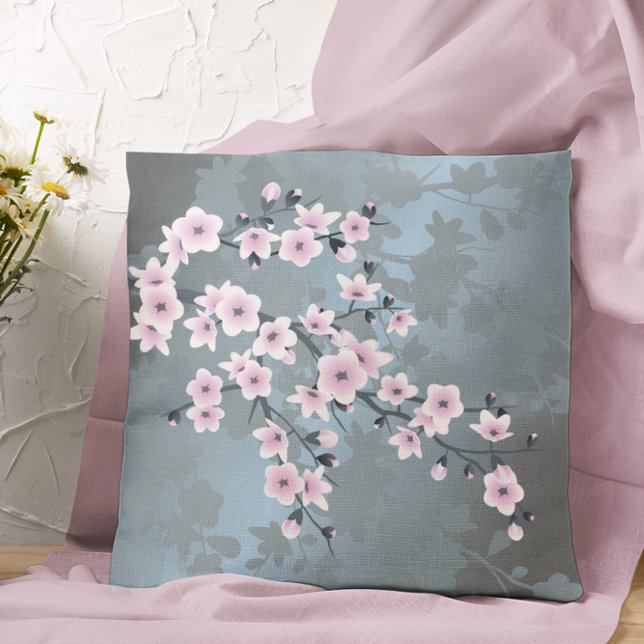 Cherry Blossom Floral Dusty Pink  Dusty Blue  Throw Pillow (Creator Uploaded)