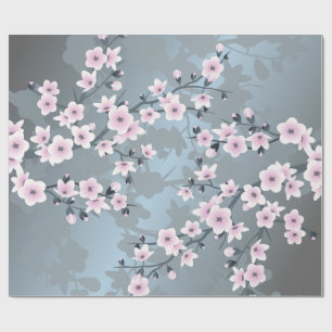 Cherry Blossom Floral Dusty Pink Dusty Blue Wrapping Paper