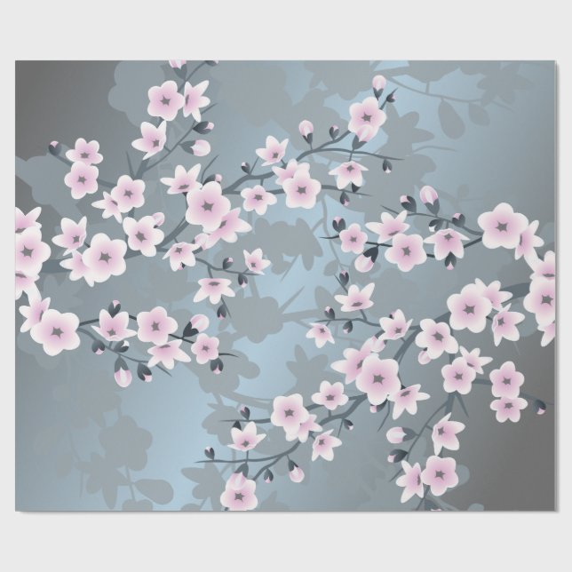 Cherry Blossom Floral Dusty Pink Dusty Blue Wrapping Paper (Flat)