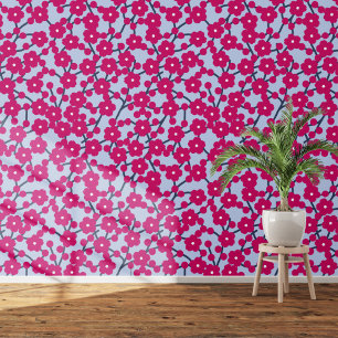 Cherry Blossom Floral Magenta Pink Blue Wallpaper