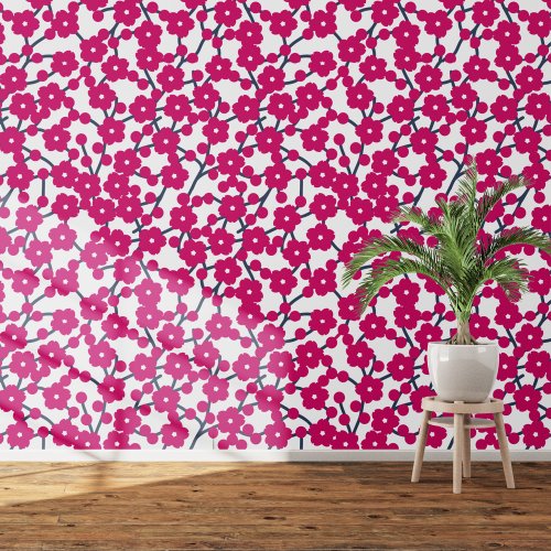 Cherry Blossom Floral Magenta Pink White Wallpaper