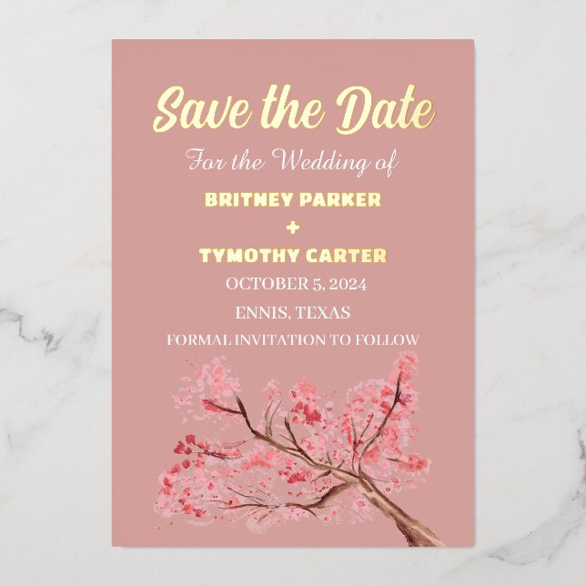 Cherry Blossom Floral Photo QR Code Wedding Foil Invitation (Front)