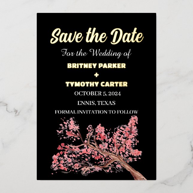 Cherry Blossom Floral Photo QR Code Wedding Foil Invitation (Front)