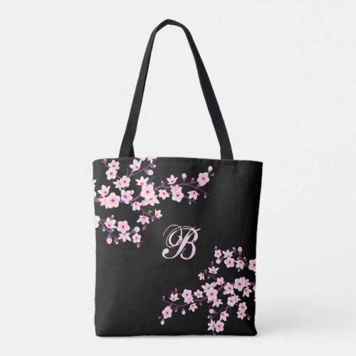 Cherry Blossom  Floral Pink Black Custom Tote Bag