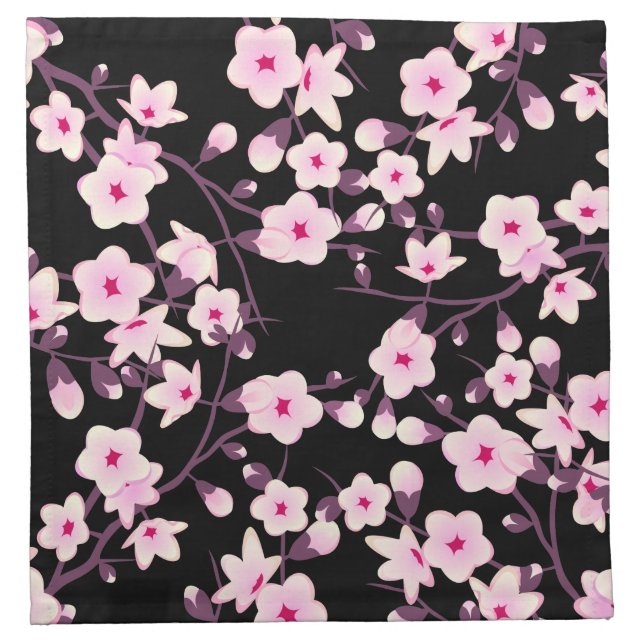 Cherry Blossom Floral Pink Black Napkin (Front)