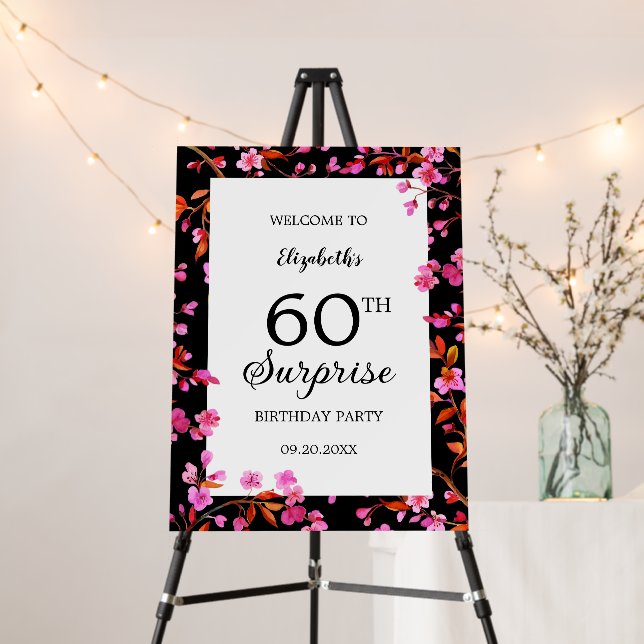 Cherry Blossom Floral Surprise Black Birthday  Foam Board (In Situ (Stand))