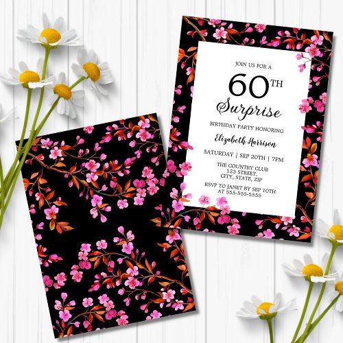 Cherry Blossom Floral Surprise Black Birthday  Invitation