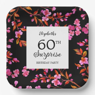 Cherry Blossom Floral Surprise Black Birthday  Paper Plates