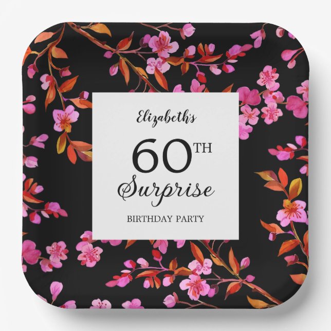 Cherry Blossom Floral Surprise Black Birthday  Paper Plates (Front)
