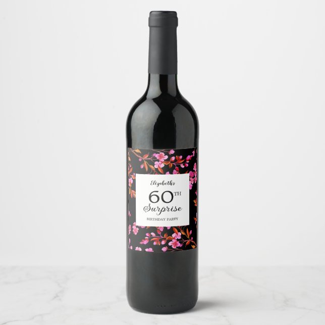 Cherry Blossom Floral Surprise Black Birthday  Wine Label (Front)