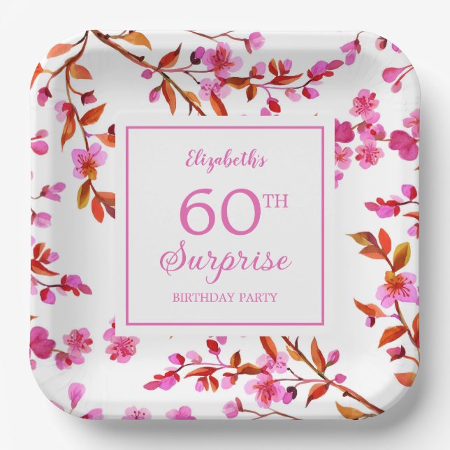 Cherry Blossom Floral Surprise Pink Birthday  Paper Plates (Front)