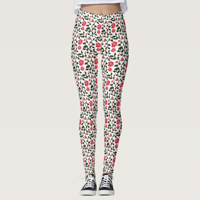Cherry Blossom Floral Vine Pattern with Cherries Leggings (Front)