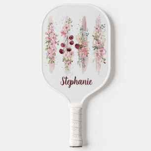 Cherry Blossom Floral Watercolor, Add Name Pickleball Paddle