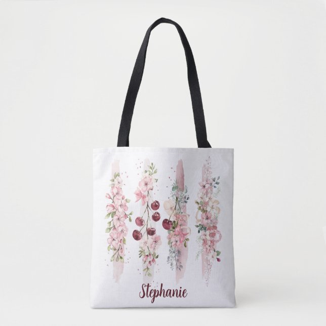 Cherry Blossom Floral Watercolor, Add Name Tote Bag (Front)