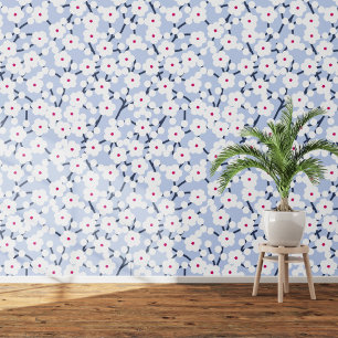 Cherry Blossom Floral White on Blue Wallpaper