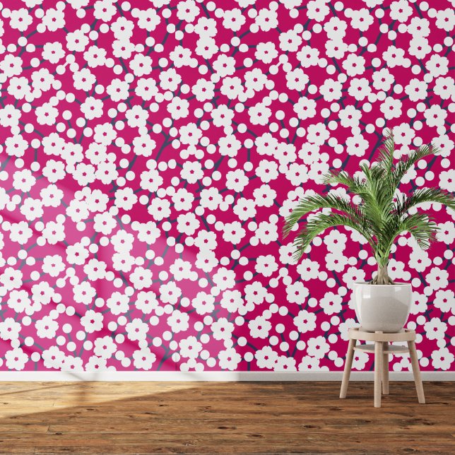 Cherry Blossom Floral White on Pink Wallpaper (White on pink cherry blossom art wallpaper)