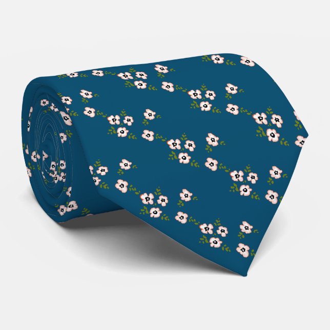 cherry blossom flower (blue background) neck tie (Rolled)