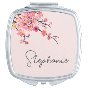 Cherry blossom flower pink bridesmaid name compact mirror