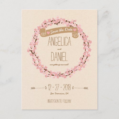 Cherry Blossom Flower Wreath Rustic Wedding Announcement Postcard