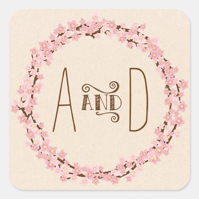 Cherry Blossom Flower Wreath Rustic Wedding Square Sticker (Front)