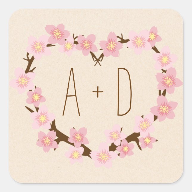 Cherry Blossom Flower Wreath Rustic Wedding Square Sticker (Front)