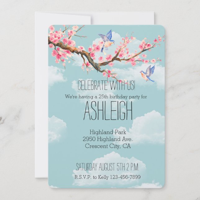 Cherry Blossom Flowers and Birds birthday Invitation (Front)
