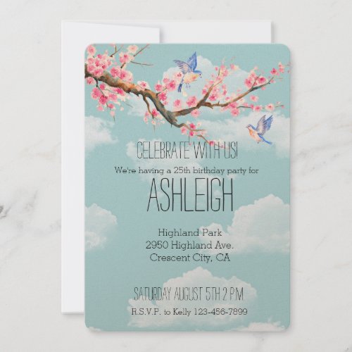 Cherry Blossom Flowers and Birds birthday Invitation