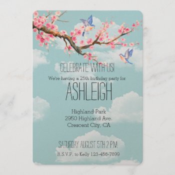 Cherry Blossom Flowers And Birds Birthday Invitation by peacefuldreams at Zazzle