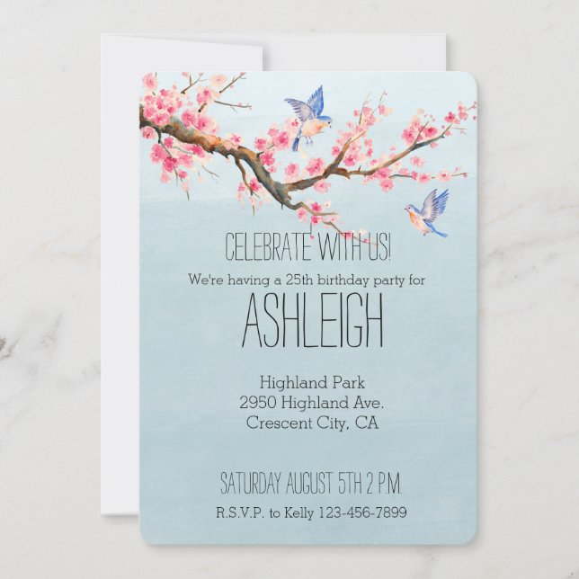 Cherry Blossom Flowers and Birds birthday Invitation (Front)