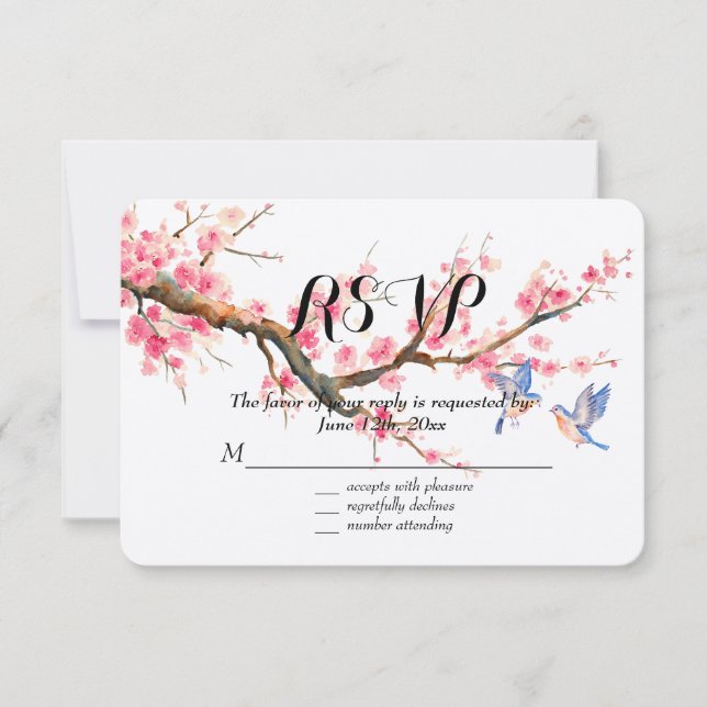Cherry Blossom Flowers and Birds RSVP (Front)