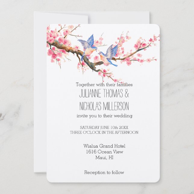 Cherry Blossom Flowers and Birds Wedding Invitation (Front)