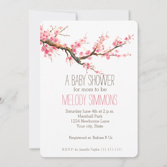 Cherry Blossom Flowers Baby Shower Invitation (Back)