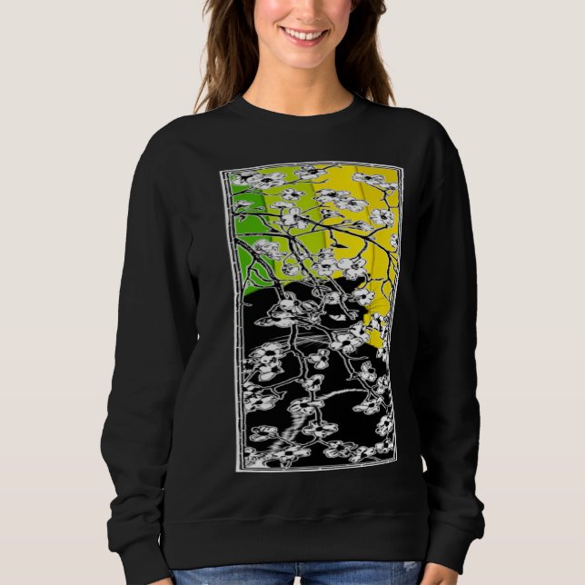 Cherry Blossom Flowers Cat Black Stripes Green and Sweatshirt (Front)