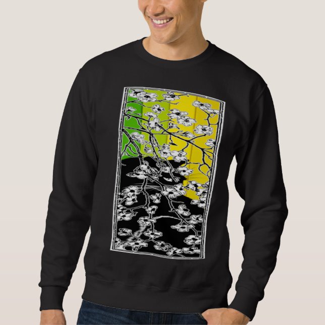 Cherry Blossom Flowers Cat Black Stripes Green and Sweatshirt (Front)