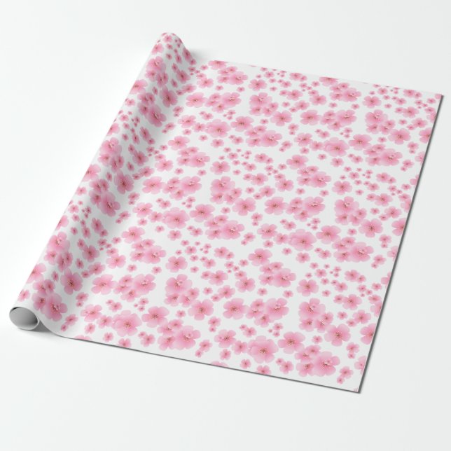 Cherry Blossom Flowers Floral Pink Pattern Wrapping Paper (Unrolled)