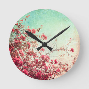 Cherry Blossom Flowers Floral Red Blue Wall Clock