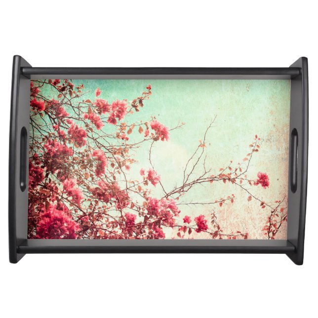 Cherry Blossom Flowers Floral Red Serving Tray (Front)