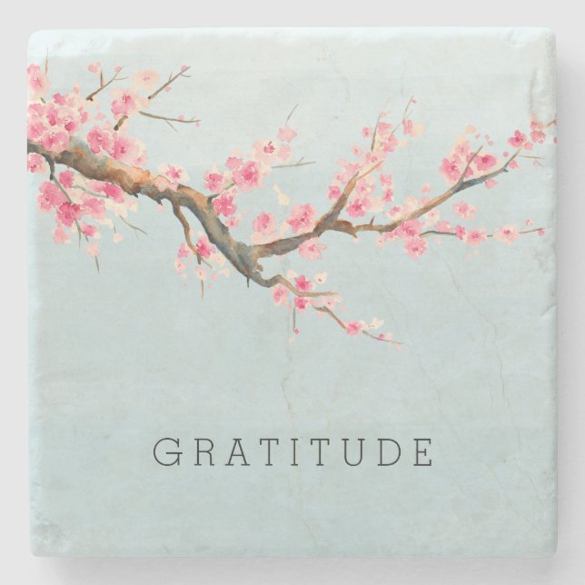 Cherry Blossom Flowers Gratitude Stone Coaster (Front)