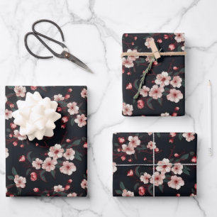 Cherry Blossom Flowers on Black Background Wrapping Paper Sheets