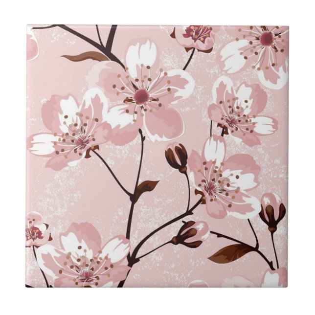 Cherry Blossom Flowers Pattern Ceramic Tile (Front)