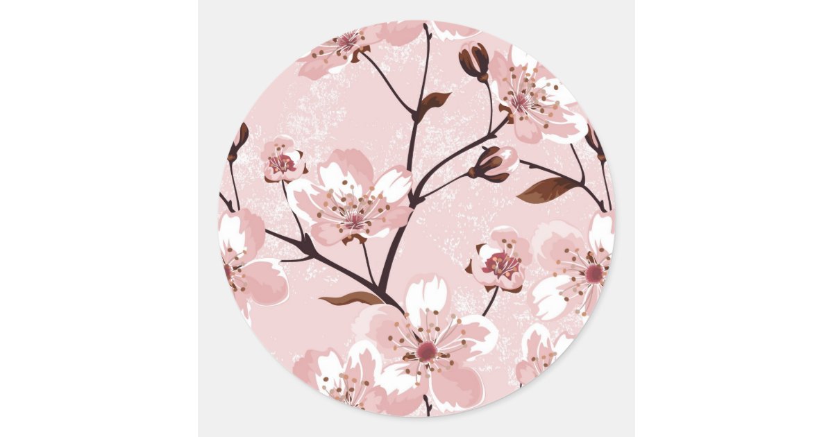 Cherry Blossom Flowers Pattern Classic Round Sticker | Zazzle