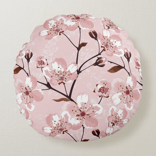 Cherry Blossom Flowers Pattern Round Pillow (Front)