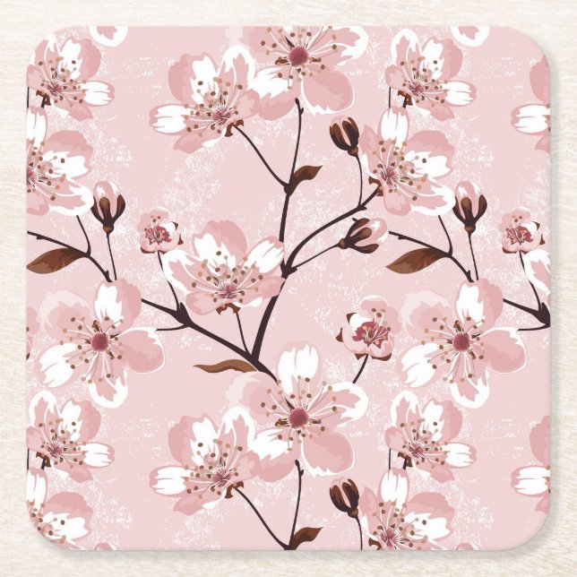 Cherry Blossom Flowers Pattern Square Paper Coaster (Front)