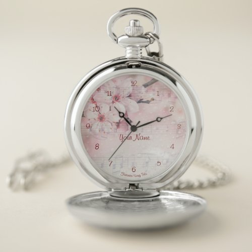Cherry Blossom Flowers with Music Notes Pocket Watch