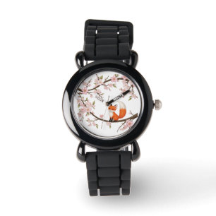 Cherry Blossom Fox Black Silicone Kids Watch 