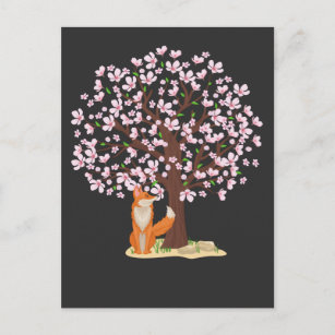 Cherry Blossom Fox Japanese Sakura Tree Postcard