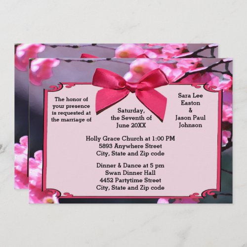 Cherry Blossom Frame  Pink Bow Wedding Invitation